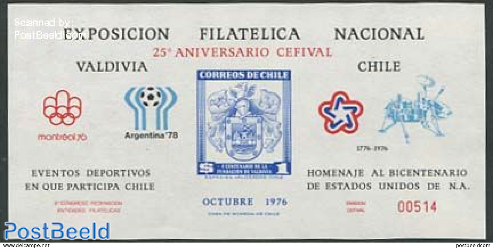 Chile 1976 Philatelic Exposition S/s (not Valid For Postage), Mint NH, History - Sport - Transport - Coat Of Arms - US.. - Chile