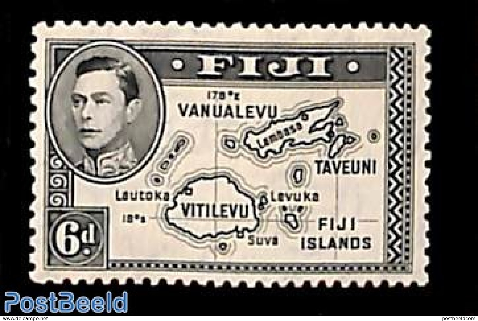 Fiji 1938 6p, Die I, Stamp Out Of Set, Unused (hinged), Various - Maps - Géographie