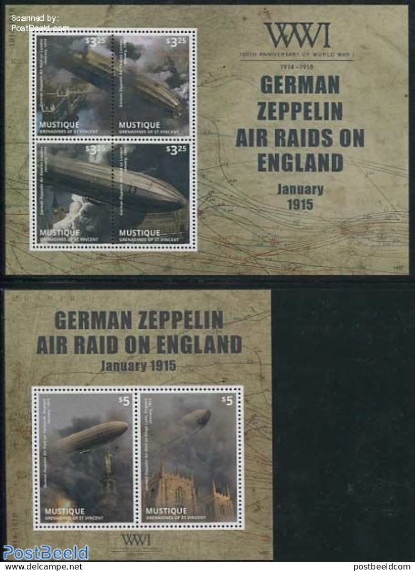 Saint Vincent & The Grenadines 2014 Mustique, German Zeppelin Air Raid On England 2 S/s, Mint NH, History - Transport .. - Zeppelins