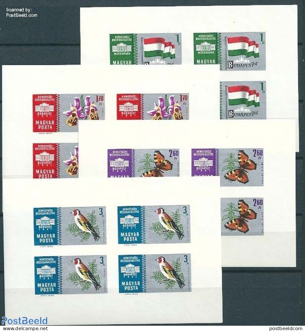 Hungary 1961 Stamp Day 4 M/ss, Imperforated, Without Serial Number, Mint NH, History - Nature - Flags - Birds - Butter.. - Ongebruikt