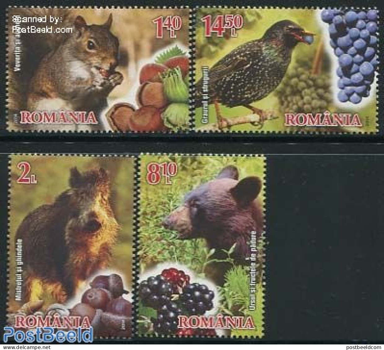 Romania 2014 Fruits & Animals 4v, Mint NH, Nature - Animals (others & Mixed) - Bears - Birds - Fruit - Unused Stamps
