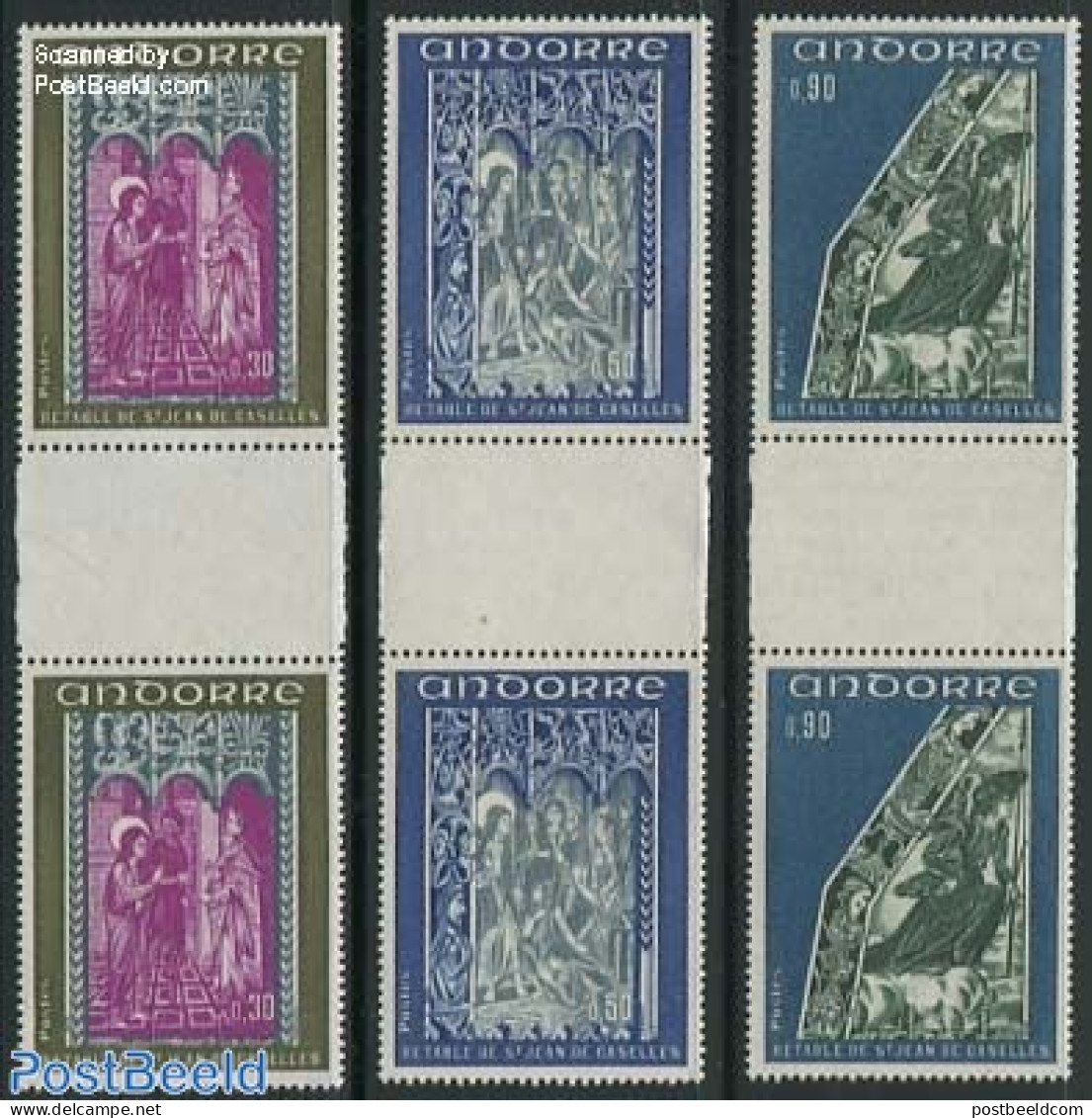 Andorra, French Post 1972 Frescoes 3 Gutterpairs, Mint NH, Religion - Religion - Art - Paintings - Unused Stamps