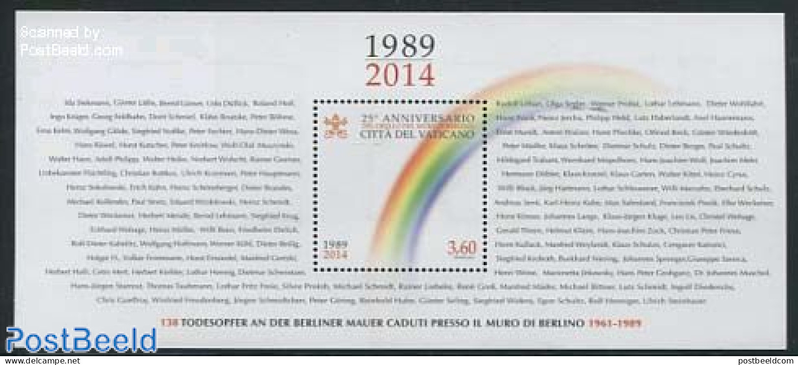 Vatican 2014 25 Years Fall Of The Berlin Wall S/s, Mint NH, History - Germans - Nuovi