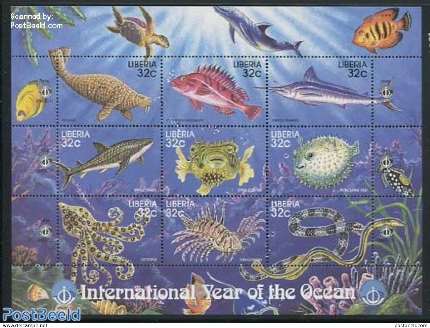Liberia 1998 Int. Ocean Year 9v M/s, Mint NH, Nature - Fish - Sea Mammals - Sharks - Fishes
