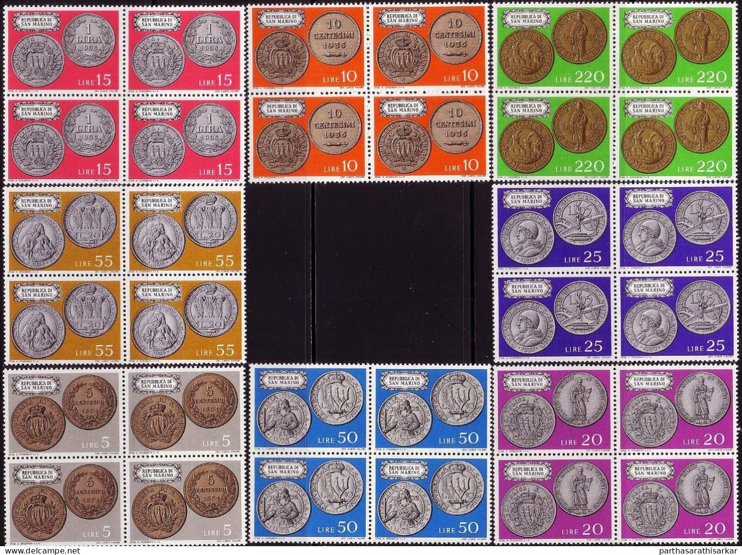 SAN MARINO 1972 COINS COMPLETE SET IN BLOCK OF 4 STAMPS MNH - Coins