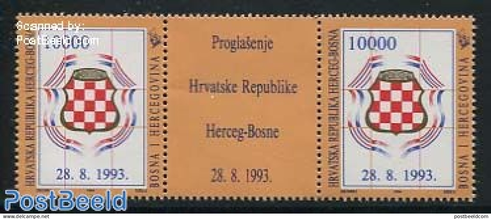 Bosnia Herzegovina - Croatic Adm. 1994 Croatic Republic 1v, Gutterpair, Mint NH, History - Coat Of Arms - Bosnie-Herzegovine