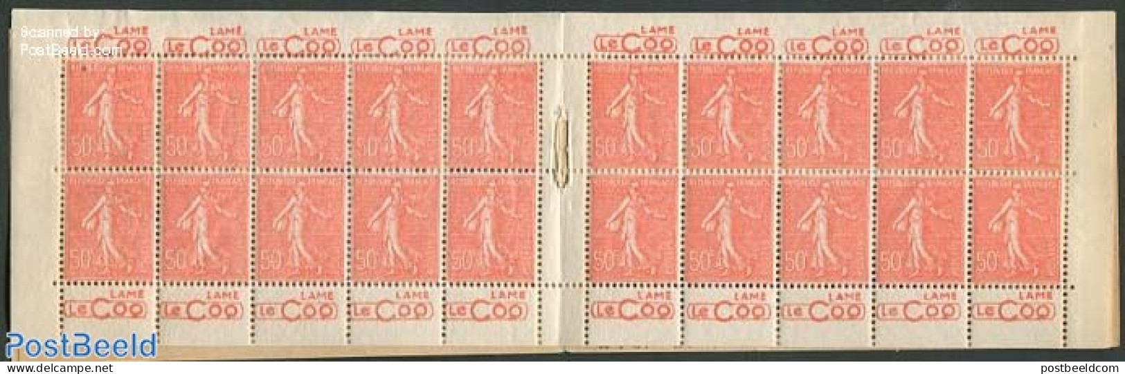 France 1924 20x50c Booklet (Lame Le Coq 4x), Mint NH, Stamp Booklets - Unused Stamps