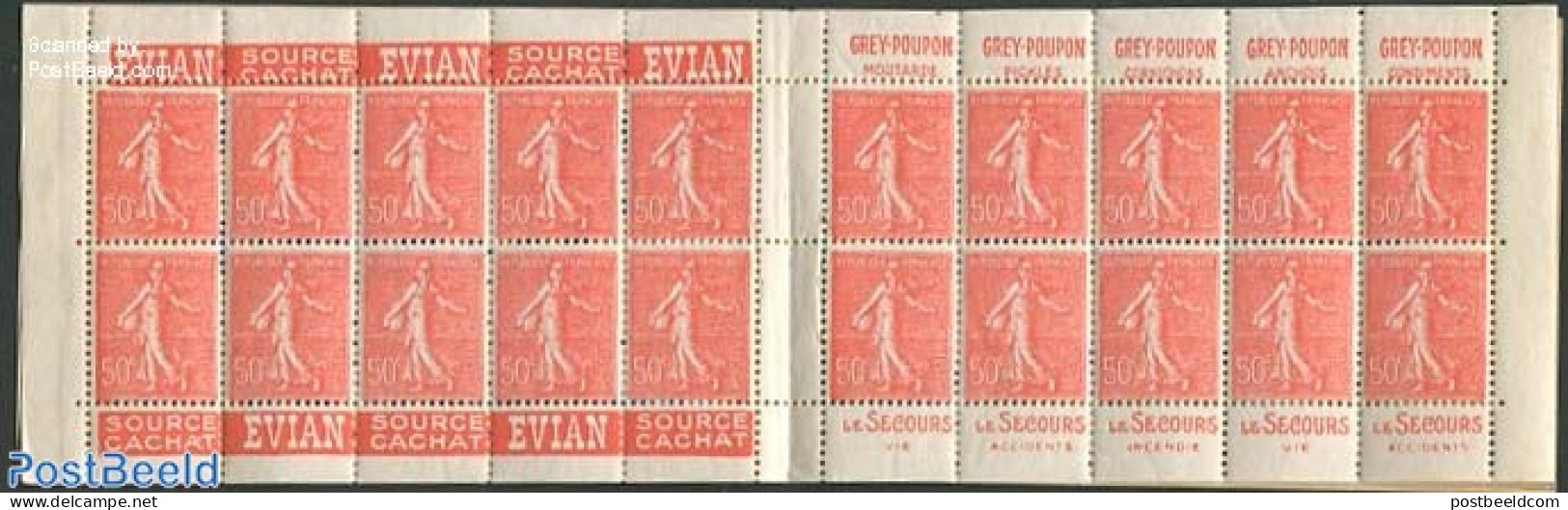 France 1924 20x50c Booklet (Evian-Grey Pooupon-Evian-Le Secours), Mint NH, Stamp Booklets - Ongebruikt