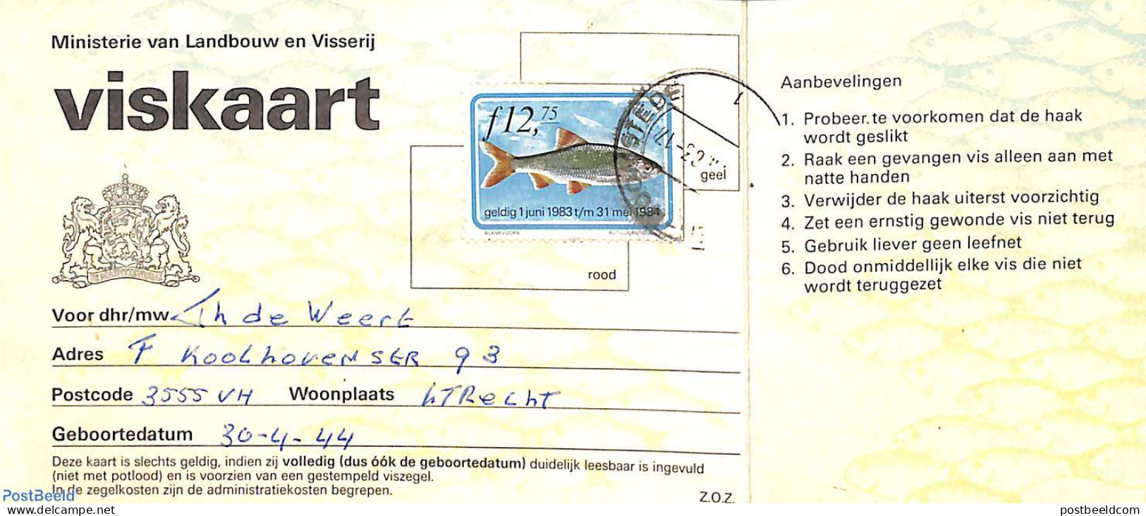 Netherlands 1983 Fishing License 1983/84, Postal History, Nature - Fish - Storia Postale
