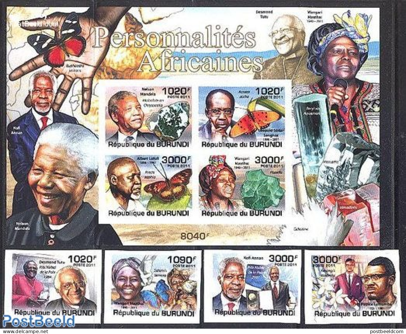Burundi 2011 African Personalities 4v+s/s, Imperforated, Mint NH, History - Nature - Geology - Nobel Prize Winners - P.. - Nobelprijs