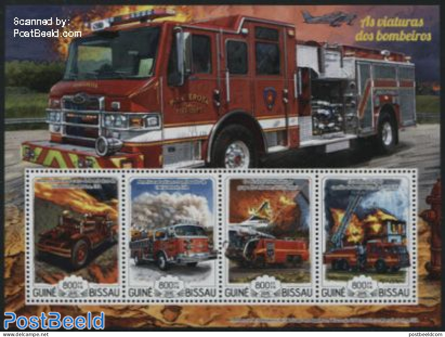 Guinea Bissau 2015 Fire Engines 4v M/s, Mint NH, Transport - Automobiles - Fire Fighters & Prevention - Aircraft & Avi.. - Autos