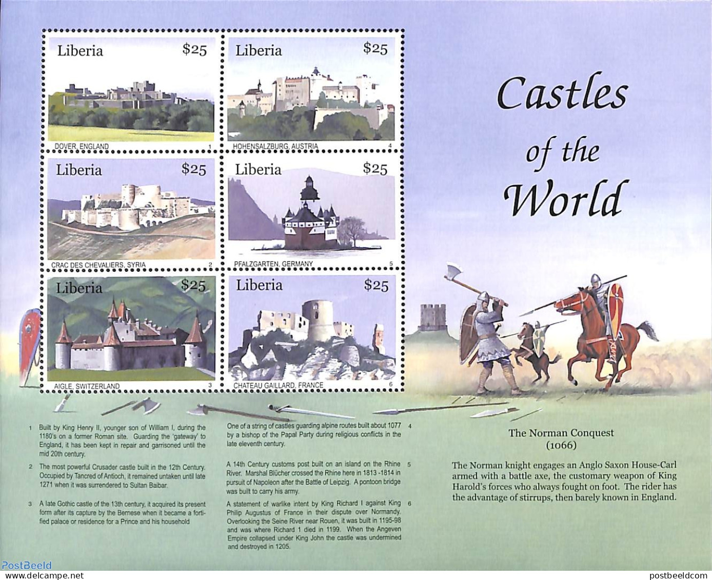 Liberia 2001 Castles 6v M/s, Mint NH, Art - Castles & Fortifications - Kastelen
