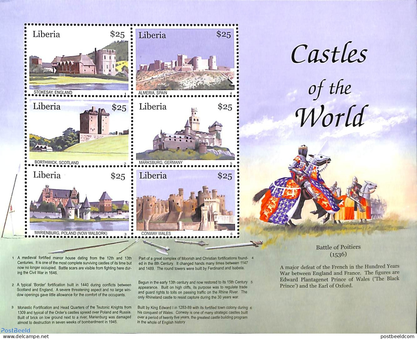 Liberia 2001 Castles 6v M/s, Mint NH, Art - Castles & Fortifications - Châteaux