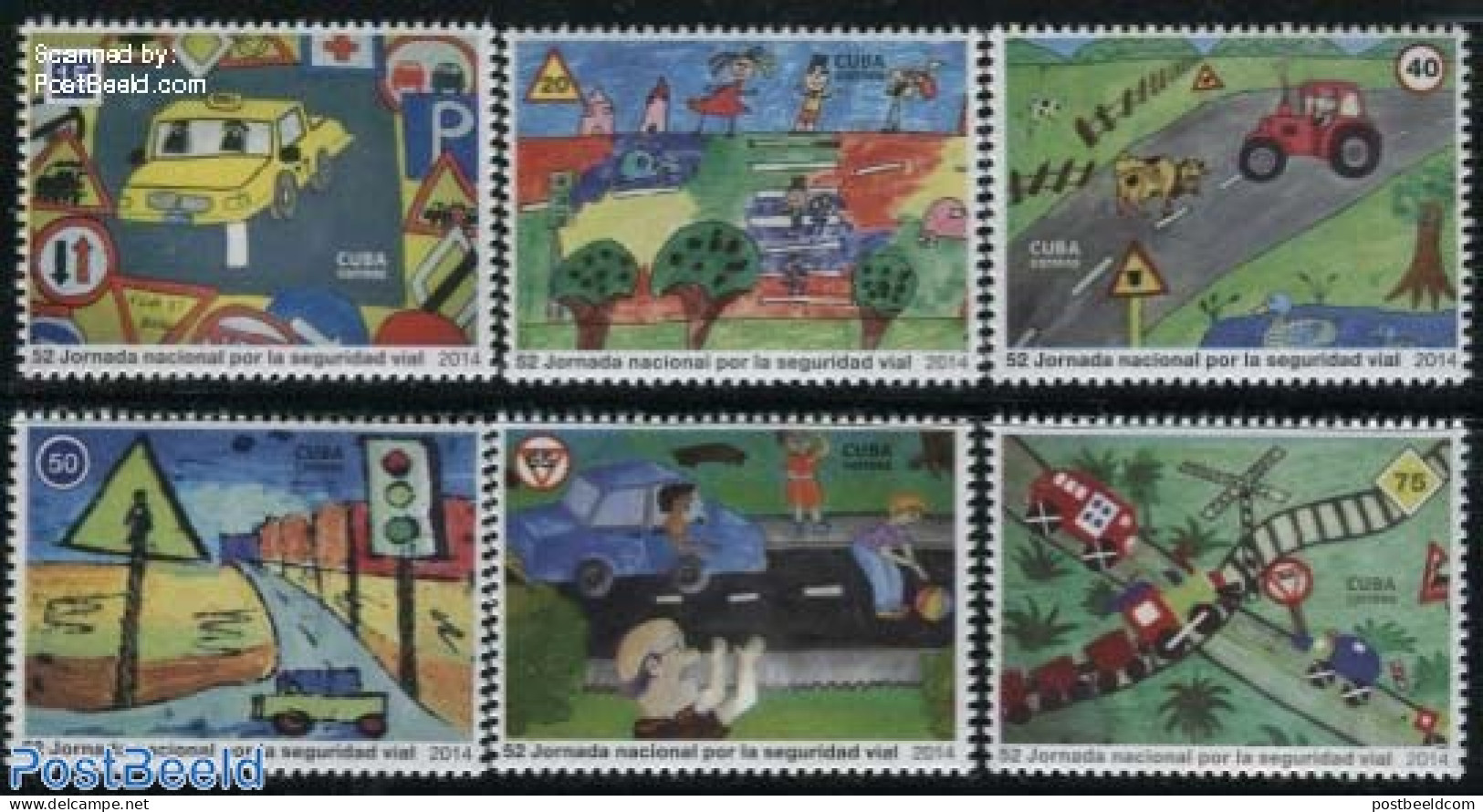 Cuba 2014 Traffic Safety 6v, Mint NH, Nature - Transport - Cattle - Automobiles - Railways - Art - Children Drawings - Unused Stamps