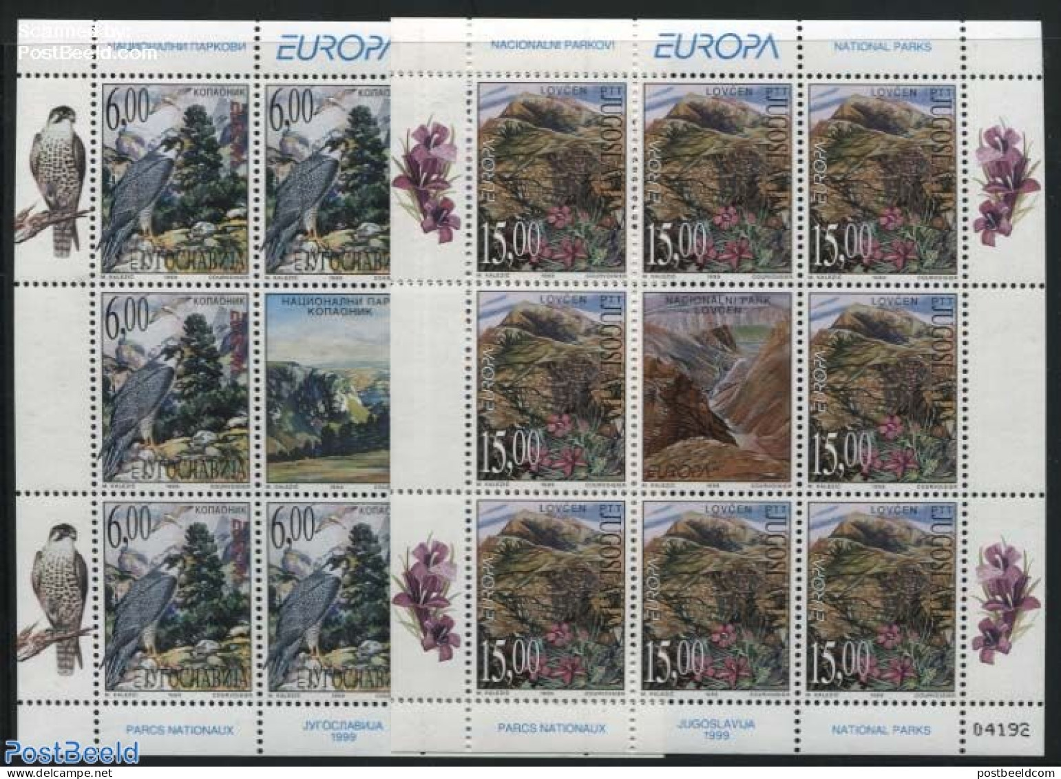 Yugoslavia 1999 Europa, National Parks 2 M/s, Mint NH, History - Nature - Europa (cept) - Birds Of Prey - Flowers & Pl.. - Nuovi