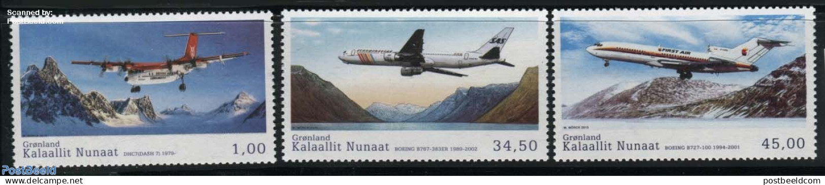 Greenland 2015 Civil Aviation 3v, Mint NH, Sport - Transport - Mountains & Mountain Climbing - Aircraft & Aviation - Nuevos
