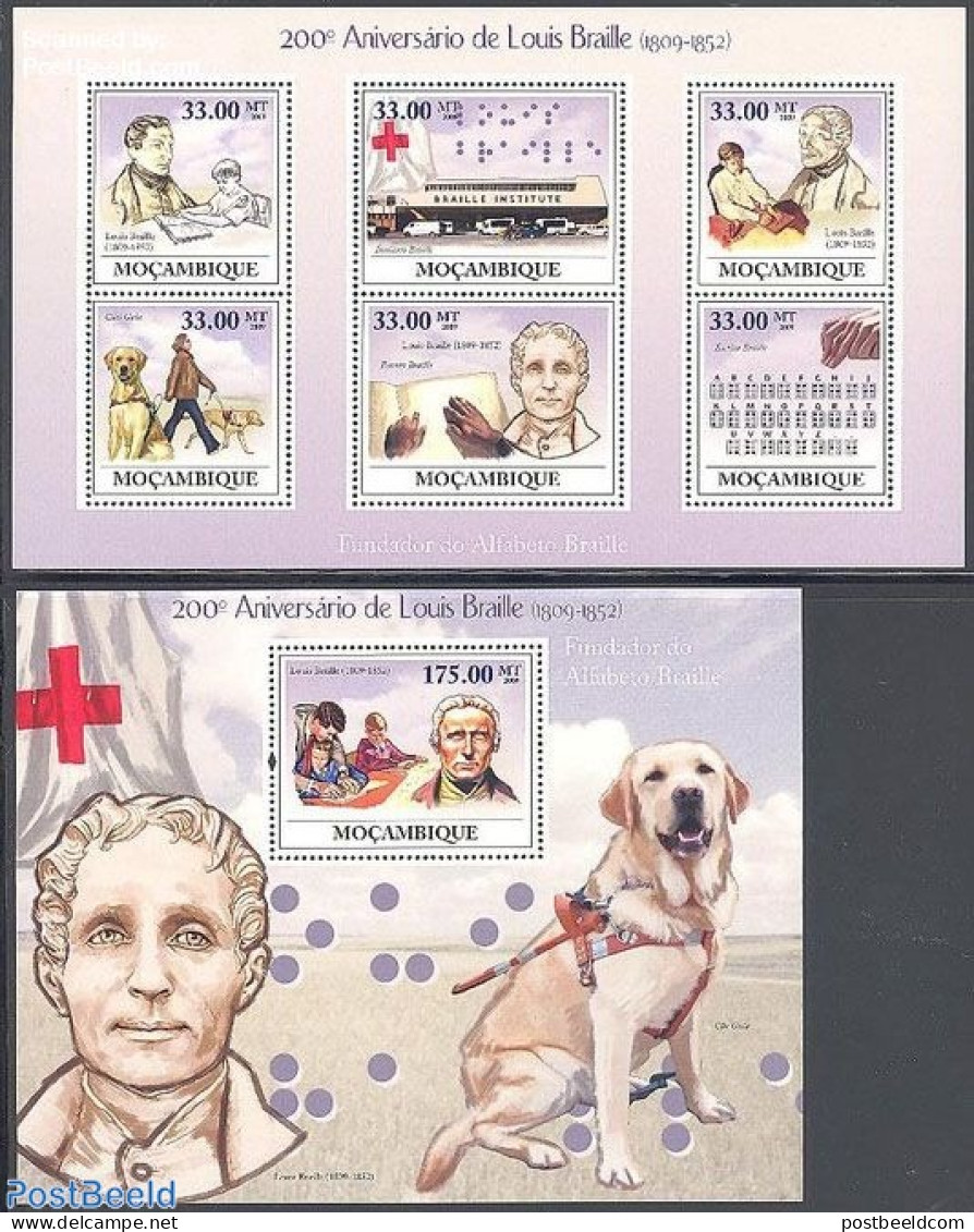 Mozambique 2009 Louis Braille 2 S/s, Mint NH, Health - Nature - Disabled Persons - Red Cross - Dogs - Behinderungen