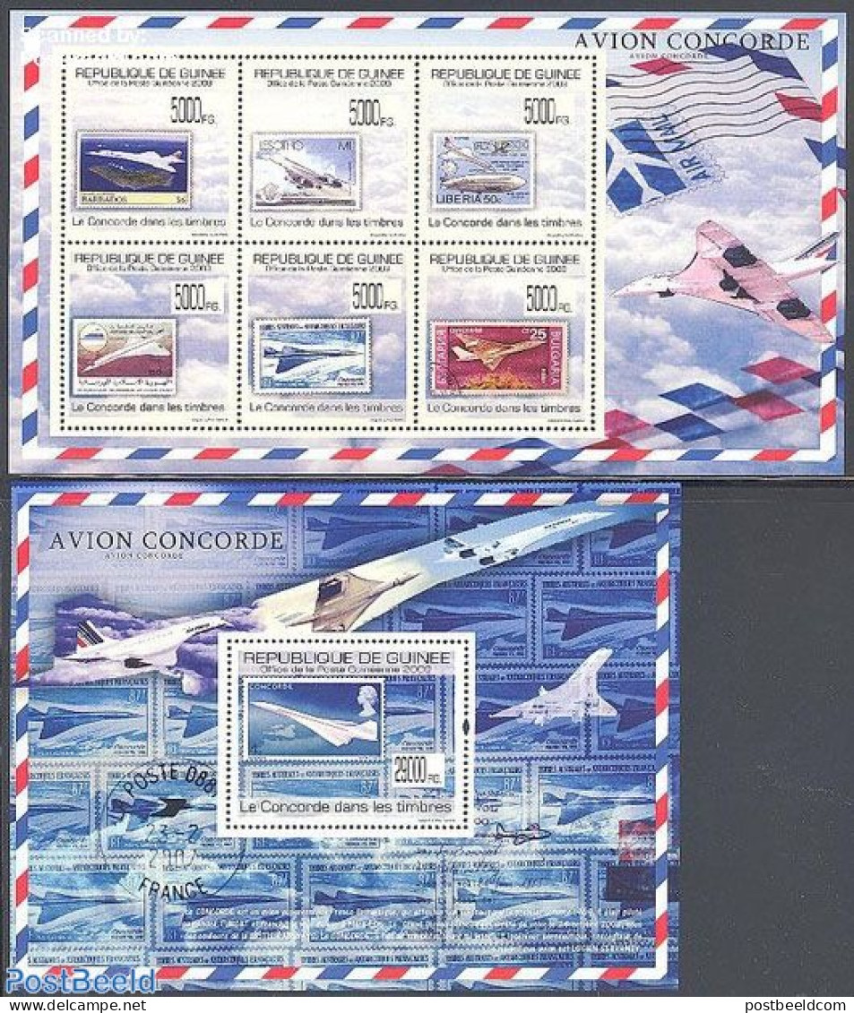 Guinea, Republic 2009 Concorde On Stamps 2 S/s, Mint NH, Transport - Stamps On Stamps - Concorde - Aircraft & Aviation - Briefmarken Auf Briefmarken