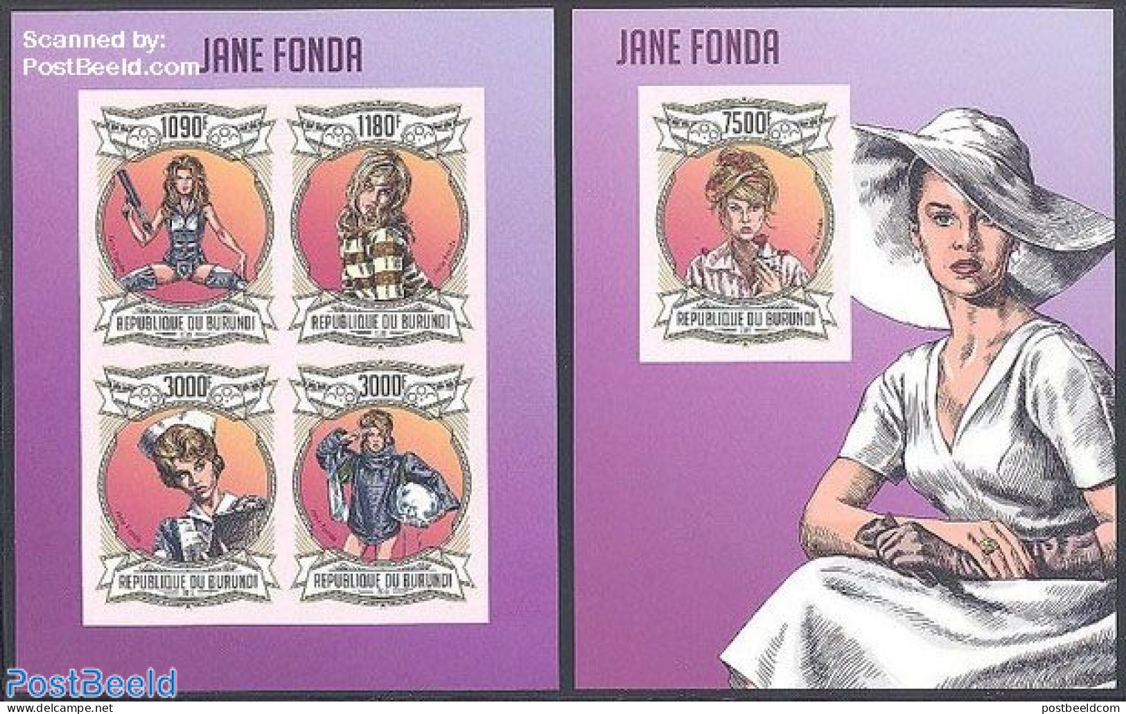 Burundi 2013 Jane Fonda 2 S/s, Imperforated, Mint NH, Performance Art - Movie Stars - Acteurs