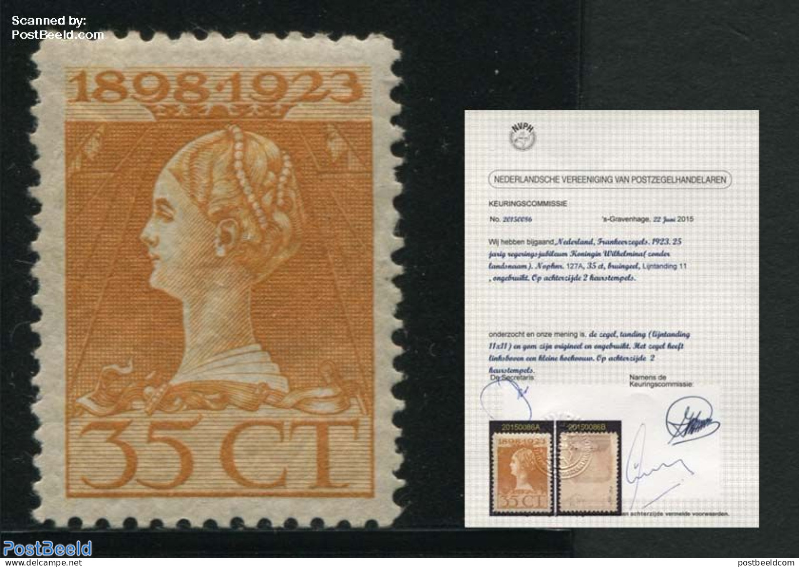 Netherlands 1923 Silver Jubilee 35c, Perf. 11. Very Rare Stamp With NVPH Certificate, Very Light Tiny Folding In Left,.. - Unused Stamps