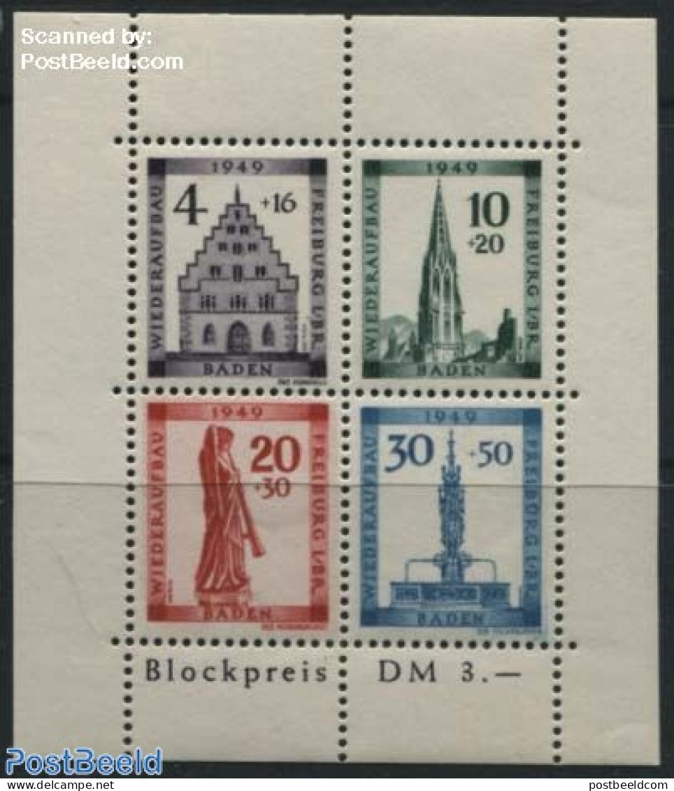 Germany, French Zone 1949 Freiburg Cathedral S/s, Plate Flaw: FreibOrg On 30pf, Mint NH, Religion - Churches, Temples,.. - Iglesias Y Catedrales