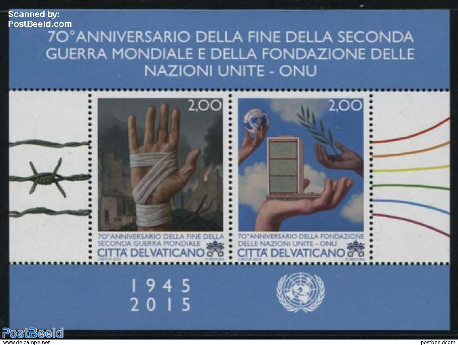 Vatican 2015 70 Years End Of WWII/Foundation UN S/s, Mint NH, History - United Nations - World War II - Neufs