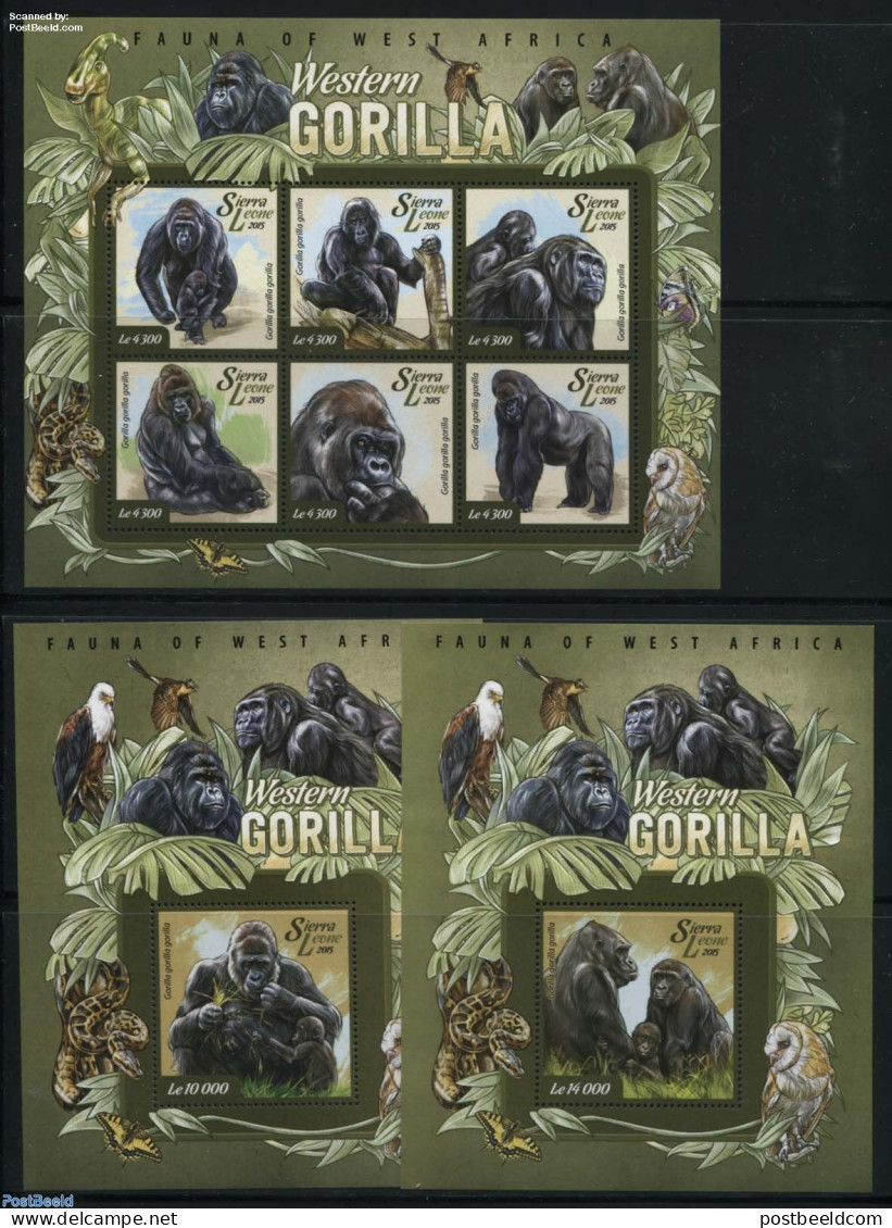 Sierra Leone 2015 Western Gorilla 3 S/s, Mint NH, Nature - Animals (others & Mixed) - Birds - Birds Of Prey - Butterfl.. - Preistorici
