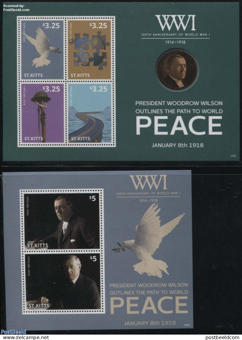 Saint Kitts/Nevis 2014 WWI Path To World Peace 2 S/s, Mint NH, History - Nature - Various - American Presidents - Poli.. - Geographie