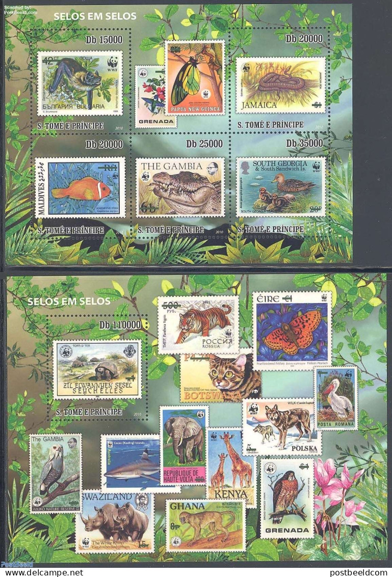 Sao Tome/Principe 2009 Stamp On Stamp, WWF 2 S/s, Mint NH, Nature - Birds - Crocodiles - Ducks - Fish - Monkeys - Rept.. - Fische
