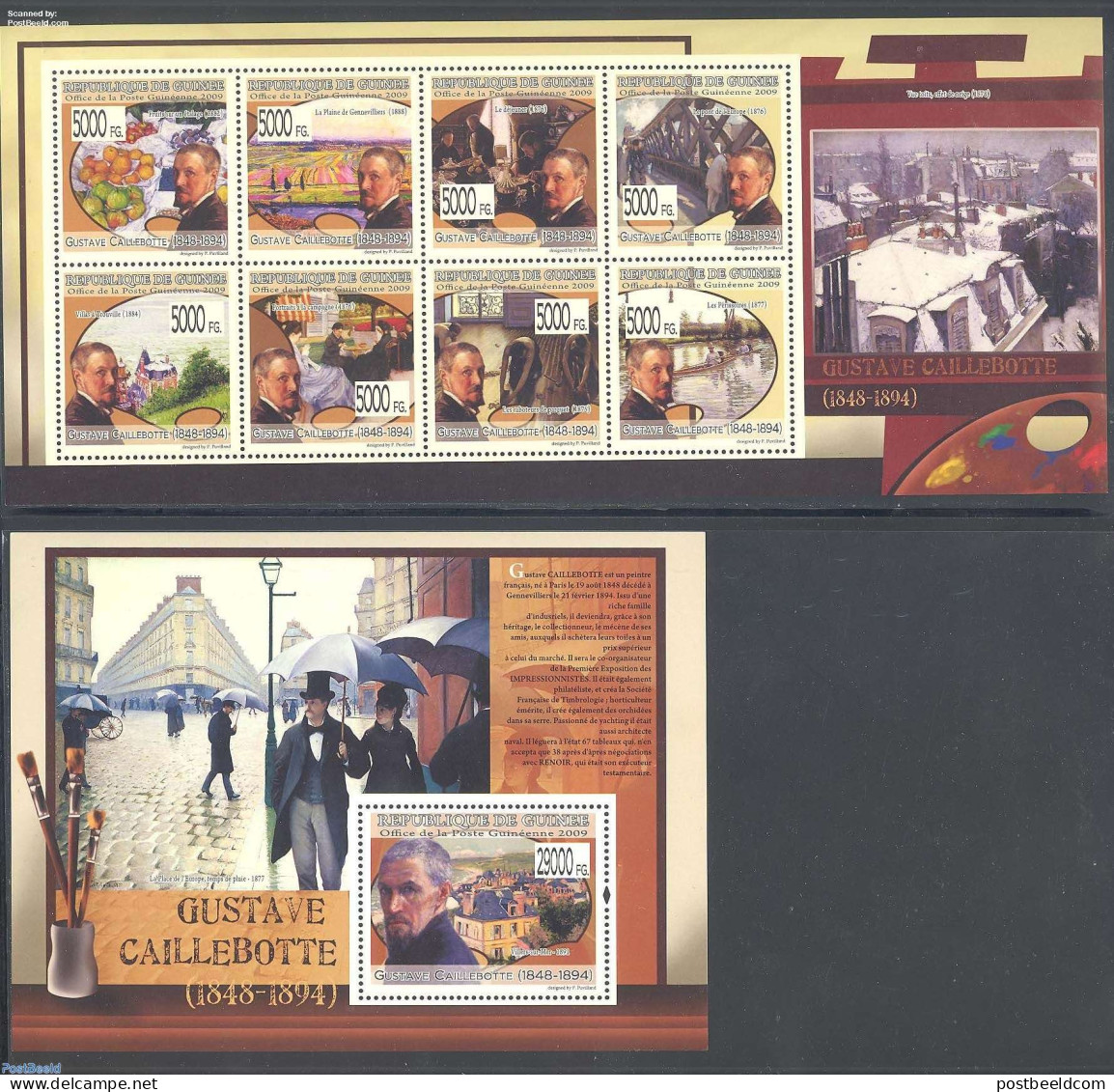 Guinea, Republic 2009 Gustave Caillebotte 2 S/s, Mint NH, Nature - Sport - Transport - Fruit - Kayaks & Rowing - Ships.. - Fruits