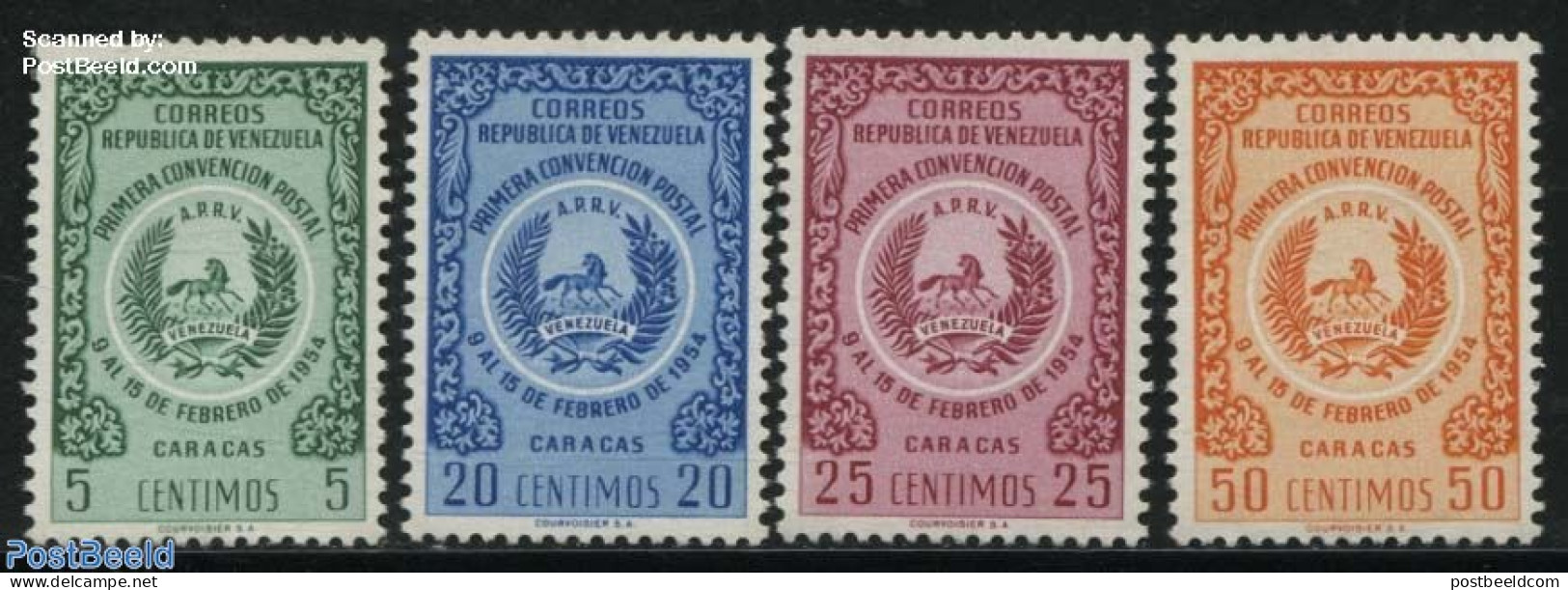 Venezuela 1955 Postal Conference 4v, Mint NH, History - Nature - Coat Of Arms - Horses - Venezuela