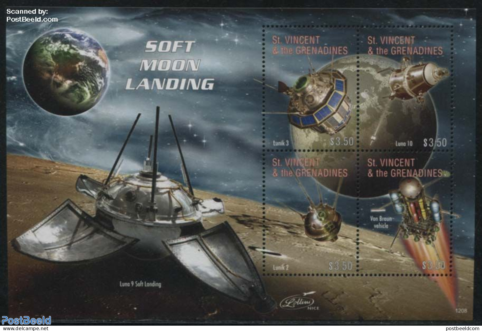 Saint Vincent 2012 Soft Moonlanding 4v M/s, Mint NH, Transport - Space Exploration - St.Vincent (1979-...)