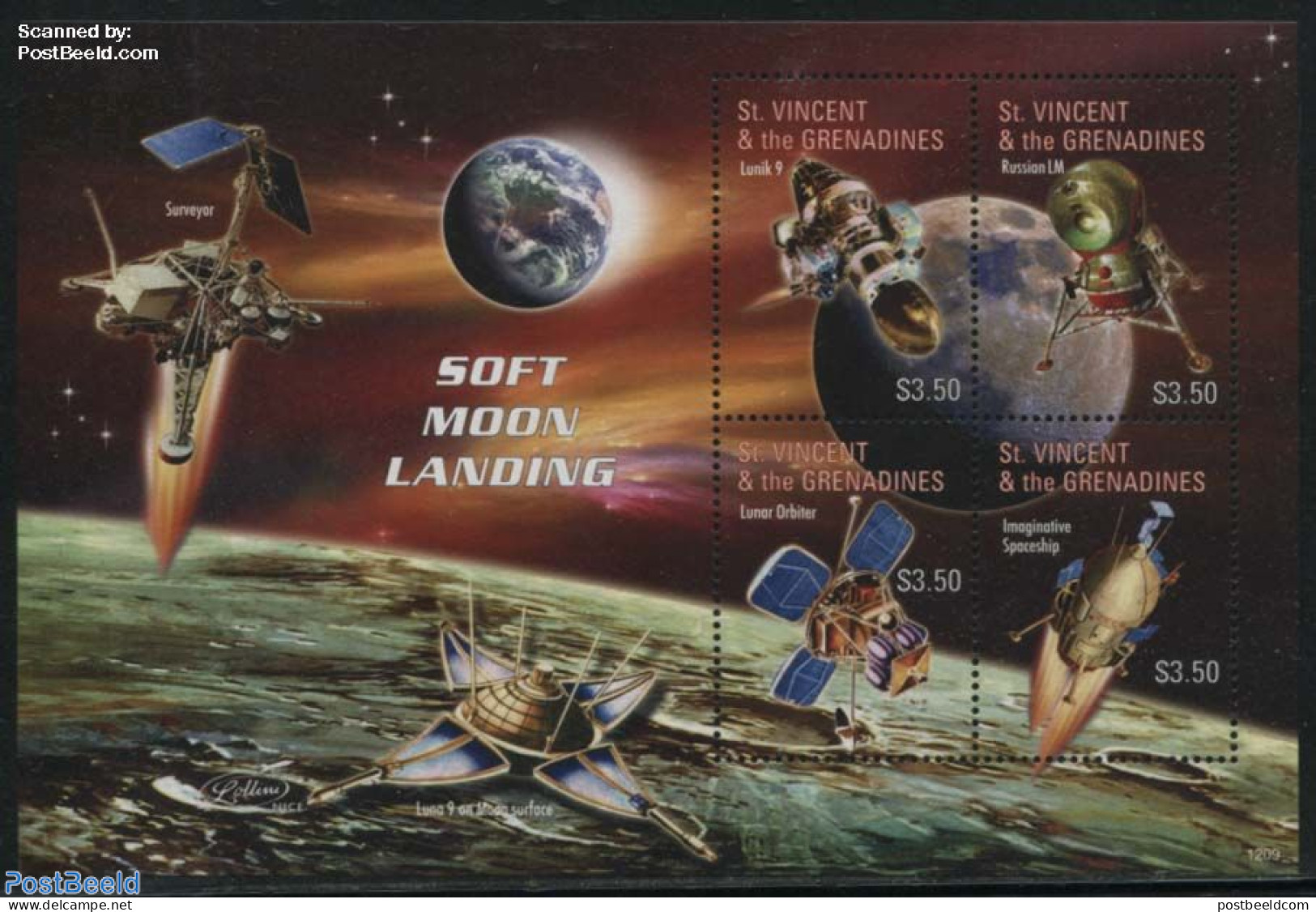 Saint Vincent 2012 Soft Moonlanding 4v M/s, Mint NH, Transport - Space Exploration - St.Vincent (1979-...)