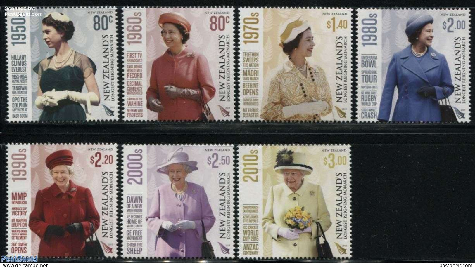 New Zealand 2015 Elizabeth Longest Reigning Monarch 7v, Mint NH, History - Nature - Kings & Queens (Royalty) - Flowers.. - Ongebruikt