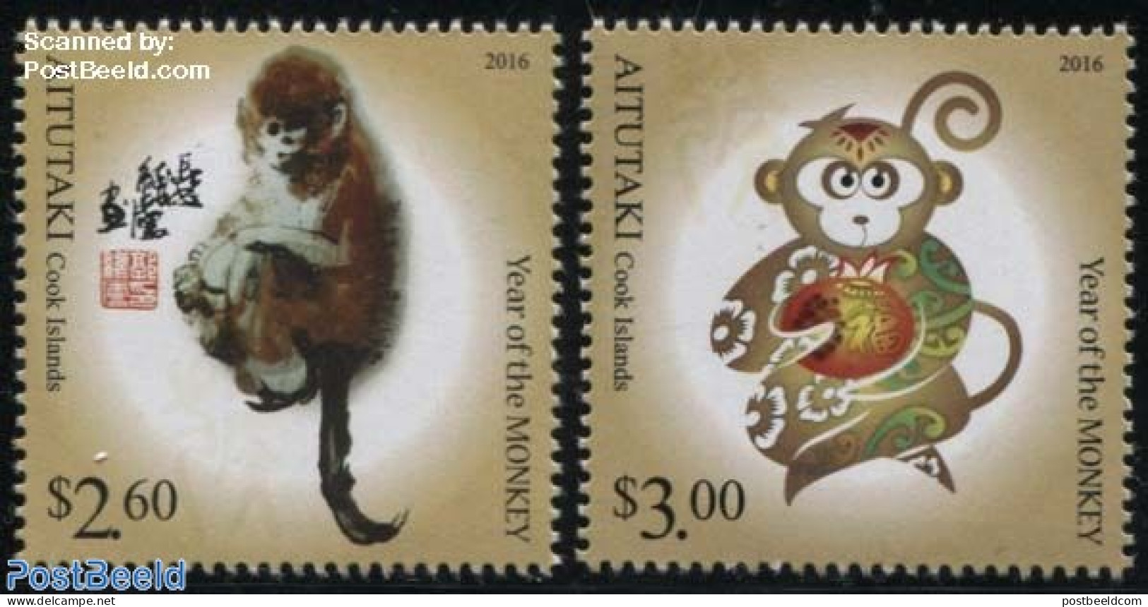 Aitutaki 2015 Year Of The Monkey 2v, Mint NH, Nature - Various - Monkeys - New Year - Nouvel An