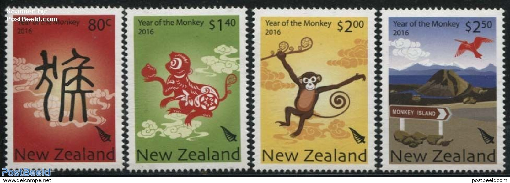 New Zealand 2016 Year Of The Monkey 4v, Mint NH, Nature - Various - Birds - Monkeys - New Year - Ongebruikt