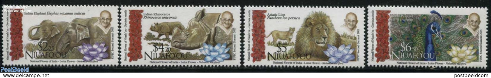 Niuafo'ou 2016 Animals Of India 4v, Mint NH, History - Nature - Gandhi - Animals (others & Mixed) - Birds - Cat Family.. - Mahatma Gandhi