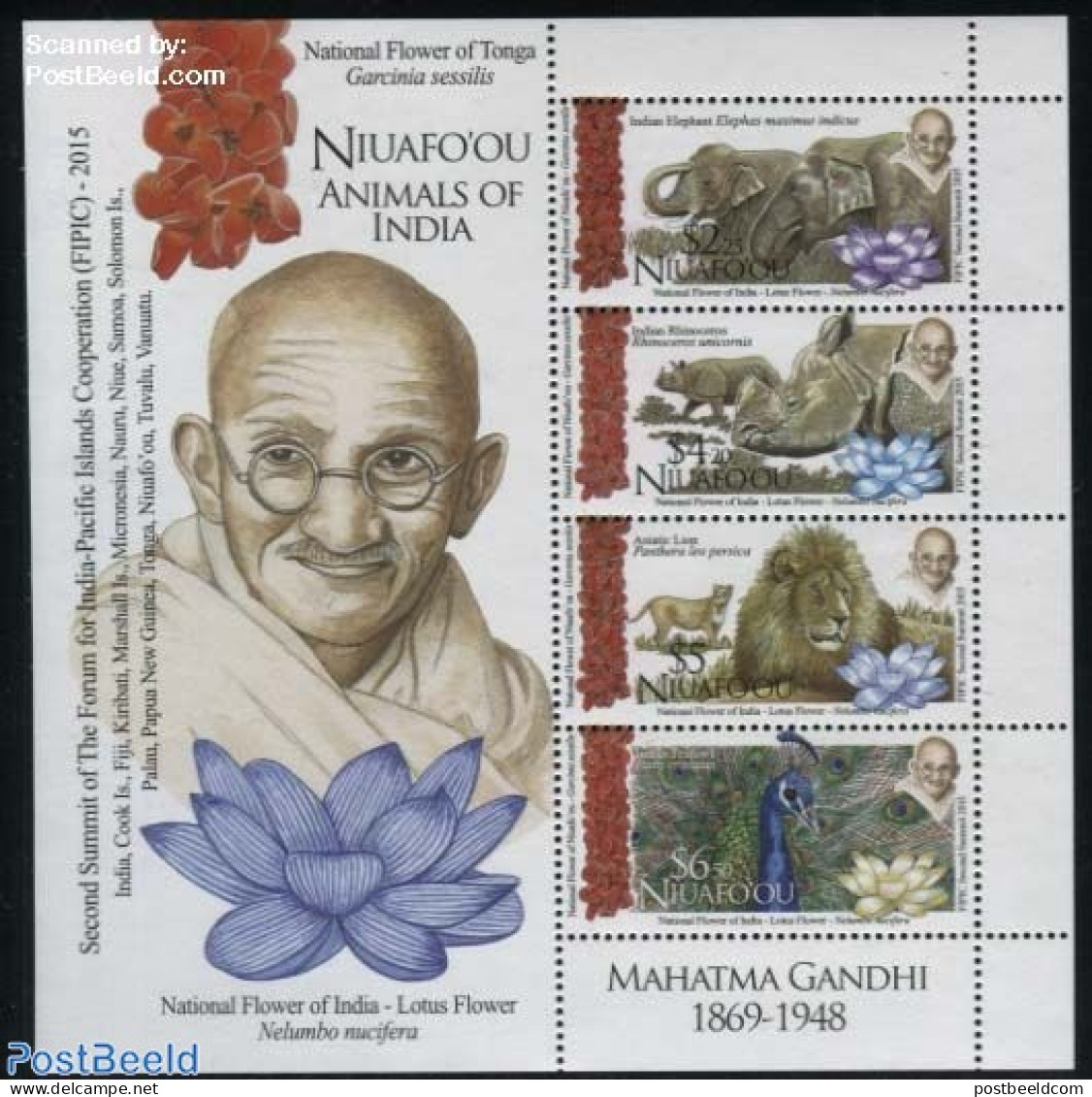 Niuafo'ou 2016 Animals Of India S/s, Mint NH, History - Nature - Gandhi - Animals (others & Mixed) - Birds - Cat Famil.. - Mahatma Gandhi