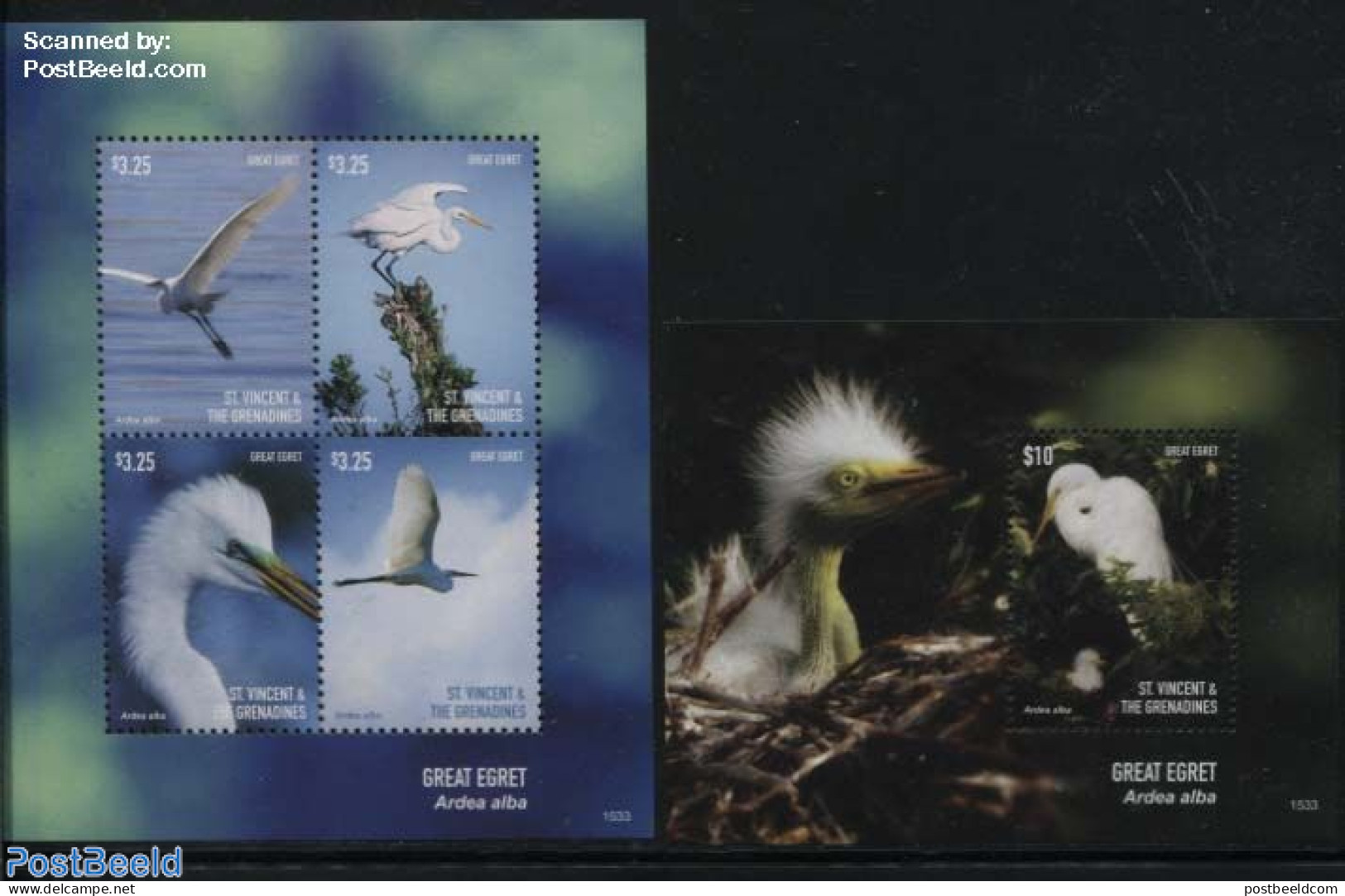 Saint Vincent 2015 Great Egret 2 S/s, Mint NH, Nature - Birds - St.Vincent (1979-...)
