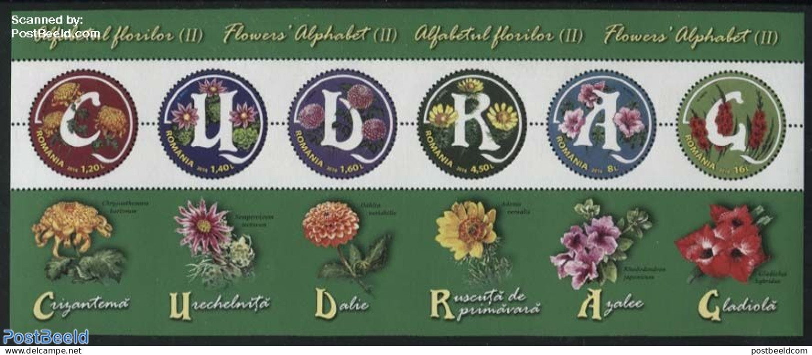 Romania 2016 Flower Alphabet S/s, Mint NH, Nature - Various - Flowers & Plants - Round-shaped Stamps - Neufs