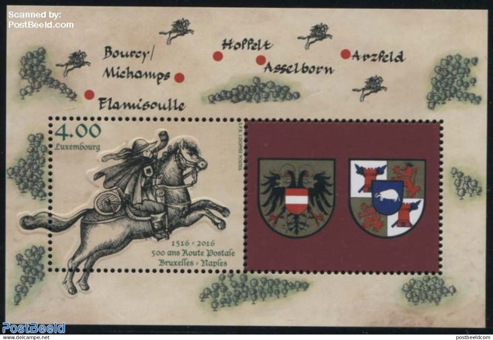 Luxemburg 2016 Brussels-Naples Postal Route S/s, Mint NH, History - Nature - Coat Of Arms - Horses - Post - Ongebruikt
