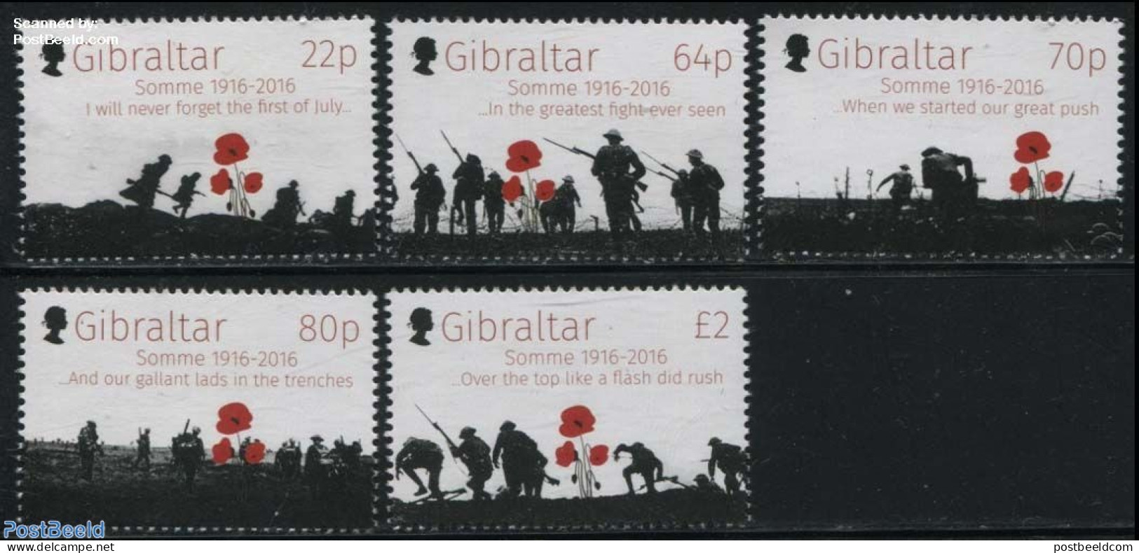 Gibraltar 2016 Battle Of The Somme 5v, Mint NH, History - Nature - Flowers & Plants - World War I - WW1 (I Guerra Mundial)