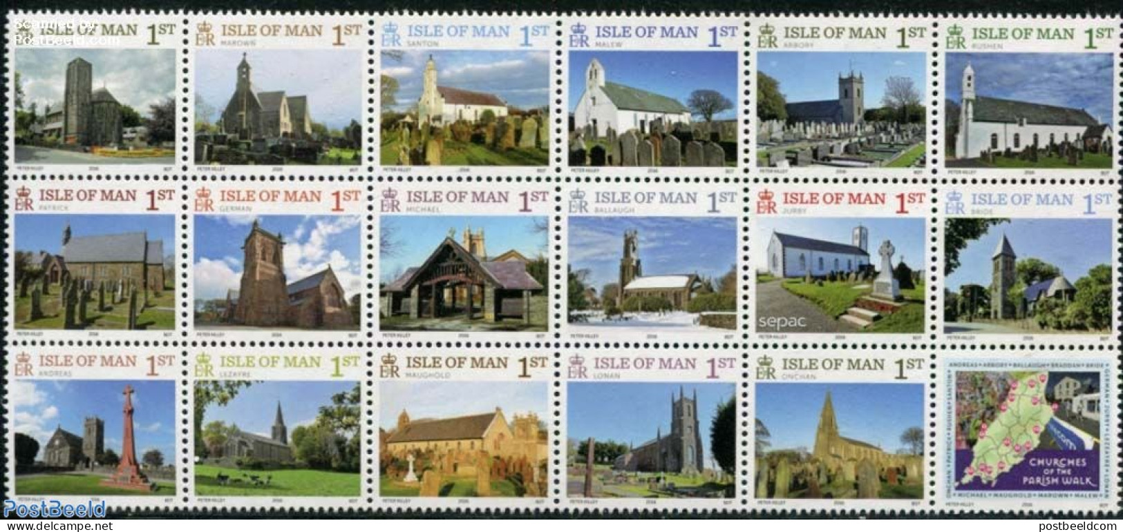 Isle Of Man 2016 SEPAC, Churches Of The Parish Walk 17v+tab Sheetlet, Mint NH, History - Religion - Sepac - Churches, .. - Kirchen U. Kathedralen