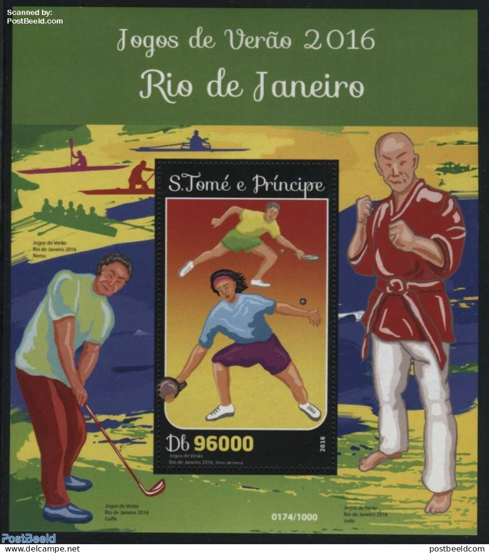 Sao Tome/Principe 2016 Summer Games 2016 Rio S/s, Mint NH, Sport - Golf - Judo - Kayaks & Rowing - Olympic Games - Tab.. - Golf