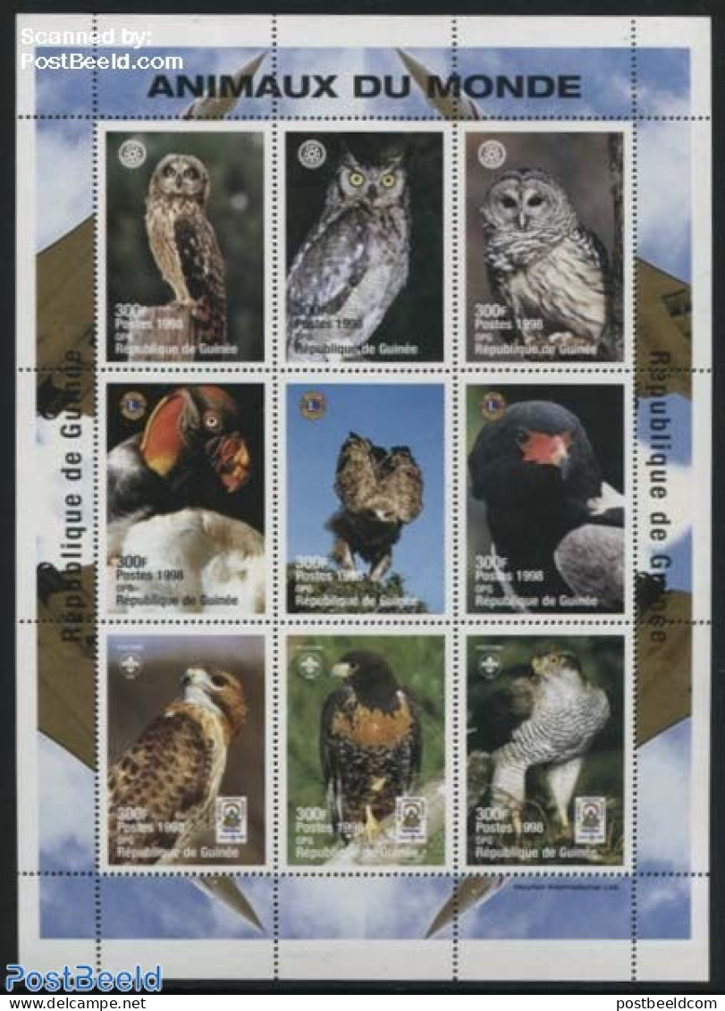Guinea, Republic 1998 Birds 9v M/s, Mint NH, Nature - Sport - Various - Birds - Birds Of Prey - Owls - Scouting - Lion.. - Rotary, Lions Club