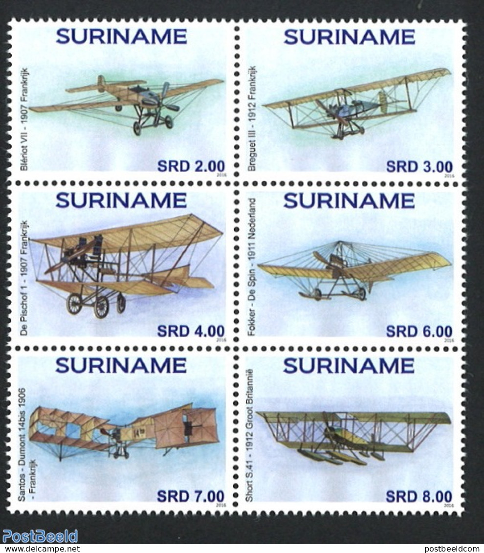 Suriname, Republic 2016 Old Airplanes 6v [++], Mint NH, Transport - Aircraft & Aviation - Aviones