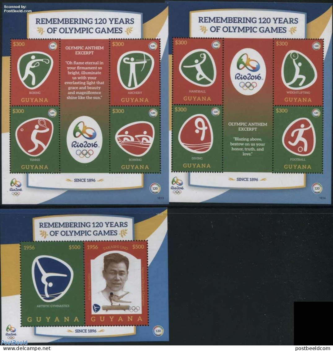 Guyana 2016 120 Years Olympic Games 3 S/s, Mint NH, Sport - Boxing - Football - Handball - Kayaks & Rowing - Olympic G.. - Boksen