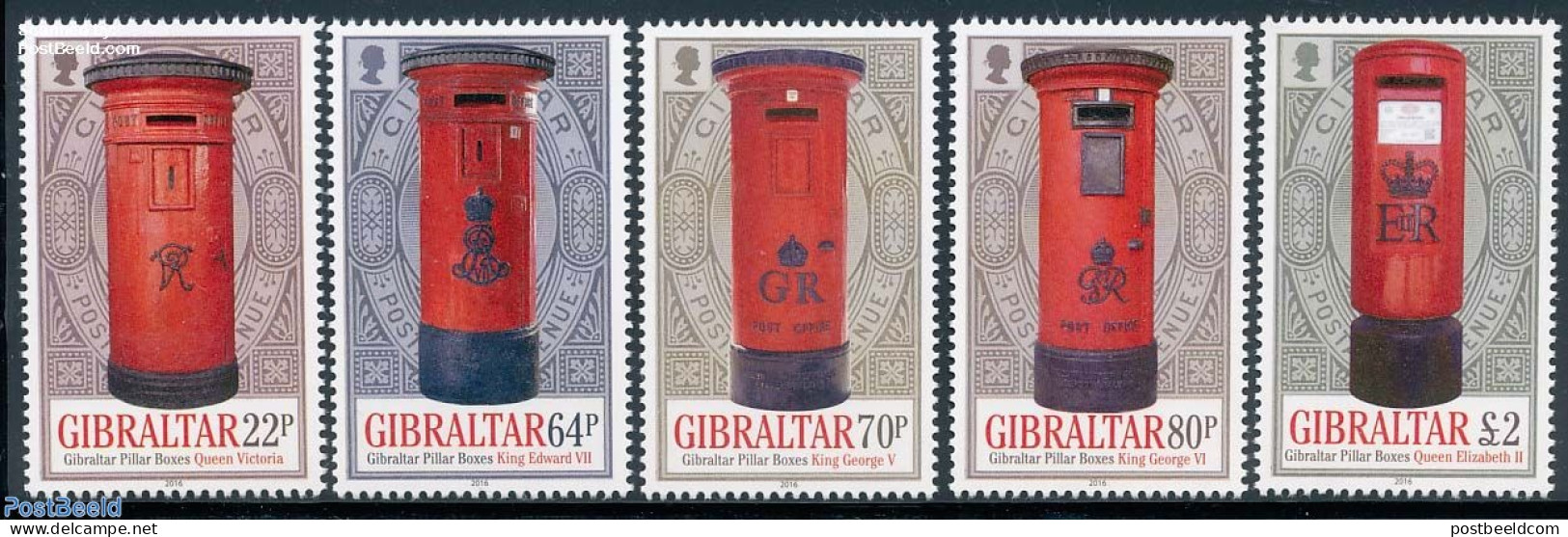 Gibraltar 2016 Gibraltar Pillar Boxes 5v, Mint NH, Mail Boxes - Post - Stamps On Stamps - Post