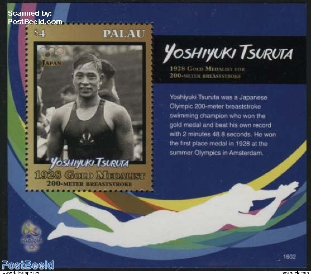 Palau 2016 Yoshiyuki Tsuruta S/s, Mint NH, History - Sport - Netherlands & Dutch - Olympic Games - Swimming - Aardrijkskunde