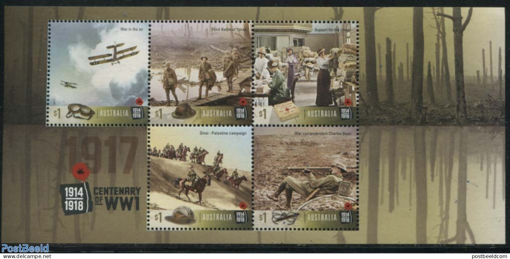 Australia 2017 World War I, 1917 S/s, Mint NH, History - Nature - Transport - Horses - Aircraft & Aviation - World War I - Unused Stamps